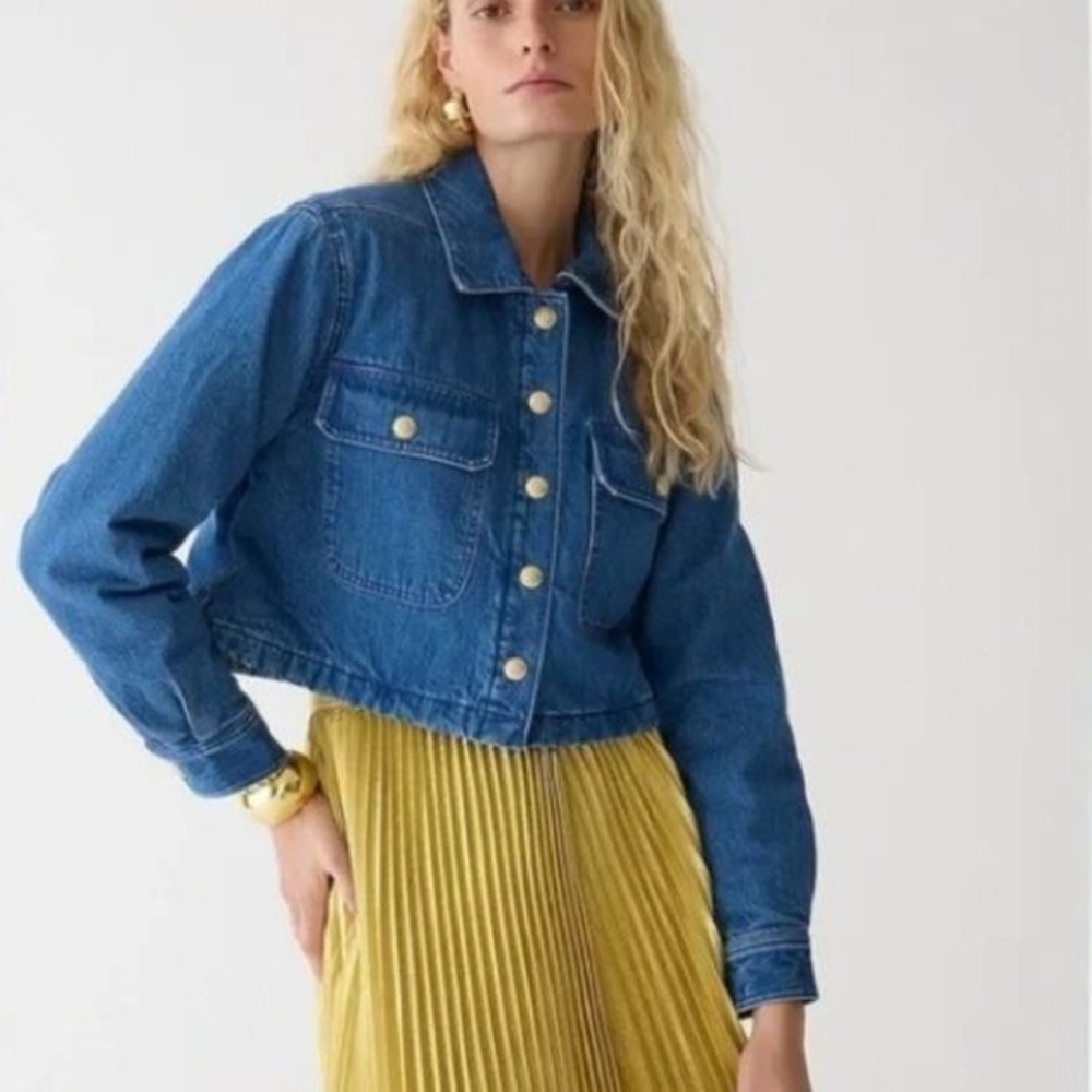 J. Crew Cropped‎ Denim Puffer Jean Jacket Insulated Button Front Size Small